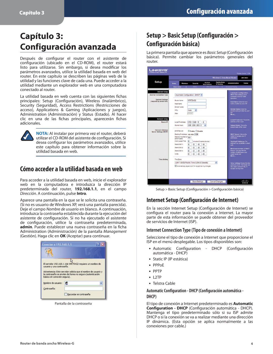 Cisco Systems WRT54G2 manual Cómo acceder a la utilidad basada en web, Internet Setup Configuración de Internet 