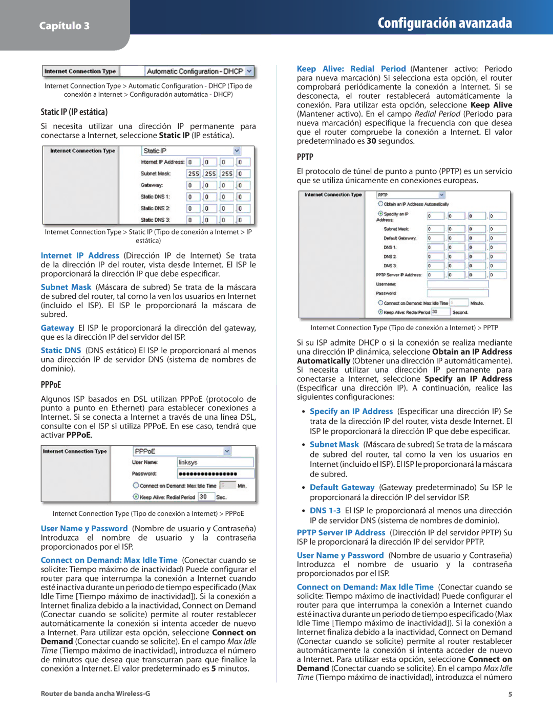 Cisco Systems WRT54G2 manual Static IP IP estática, PPPoE 