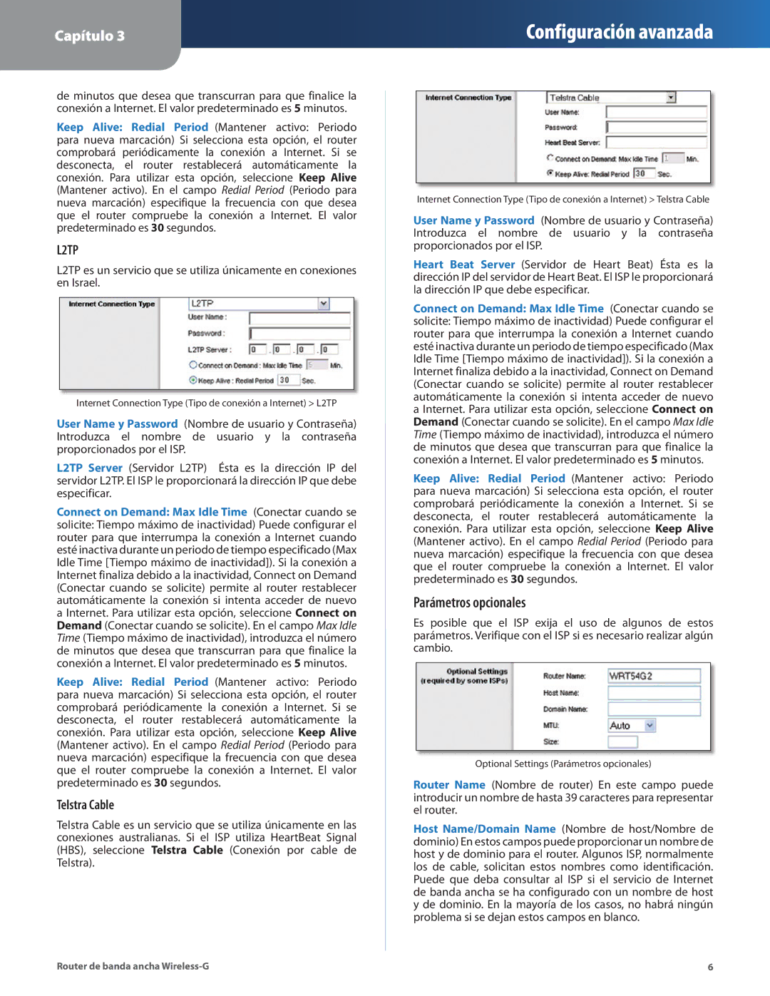 Cisco Systems WRT54G2 manual Parámetros opcionales, Telstra Cable 