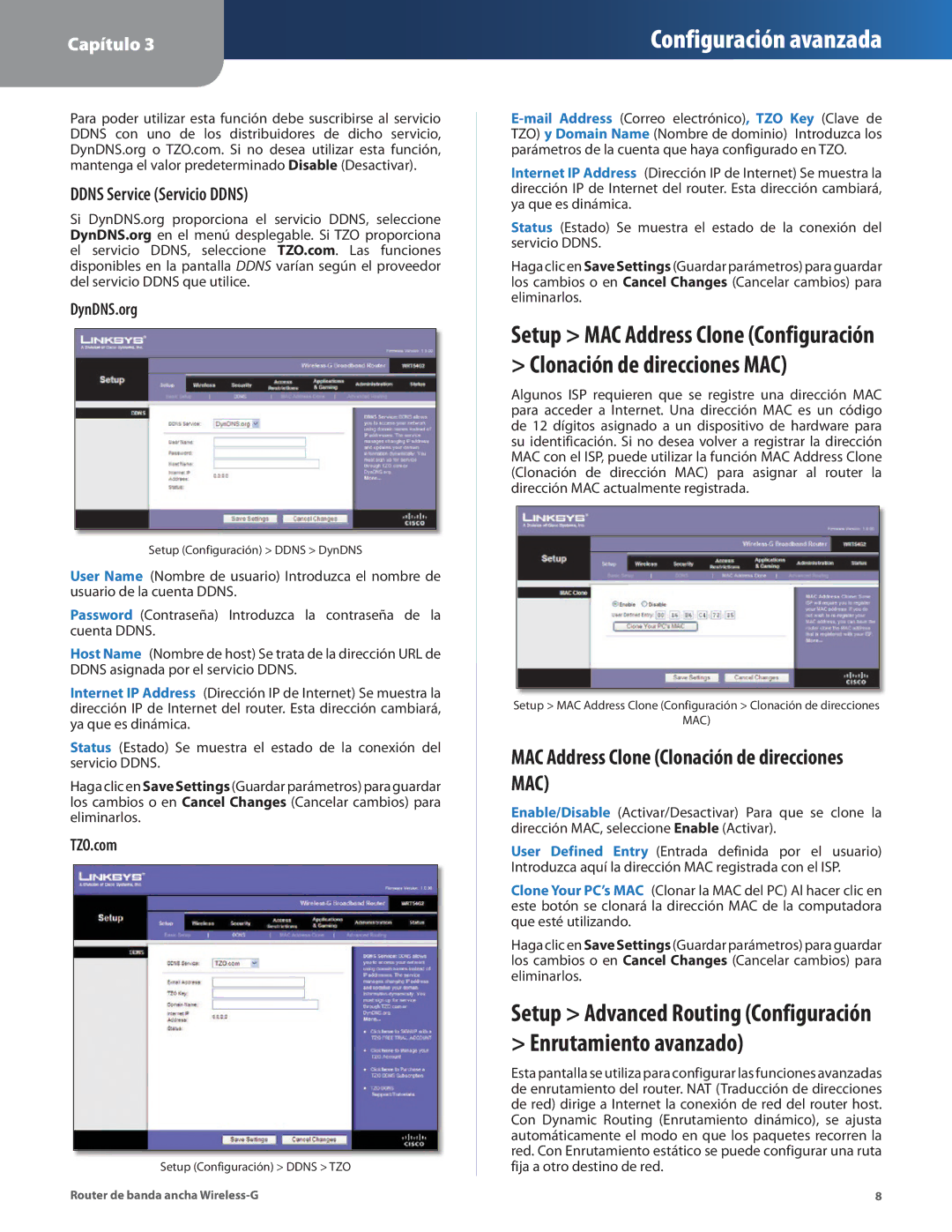 Cisco Systems WRT54G2 manual MAC Address Clone Clonación de direcciones MAC, Ddns Service Servicio Ddns 