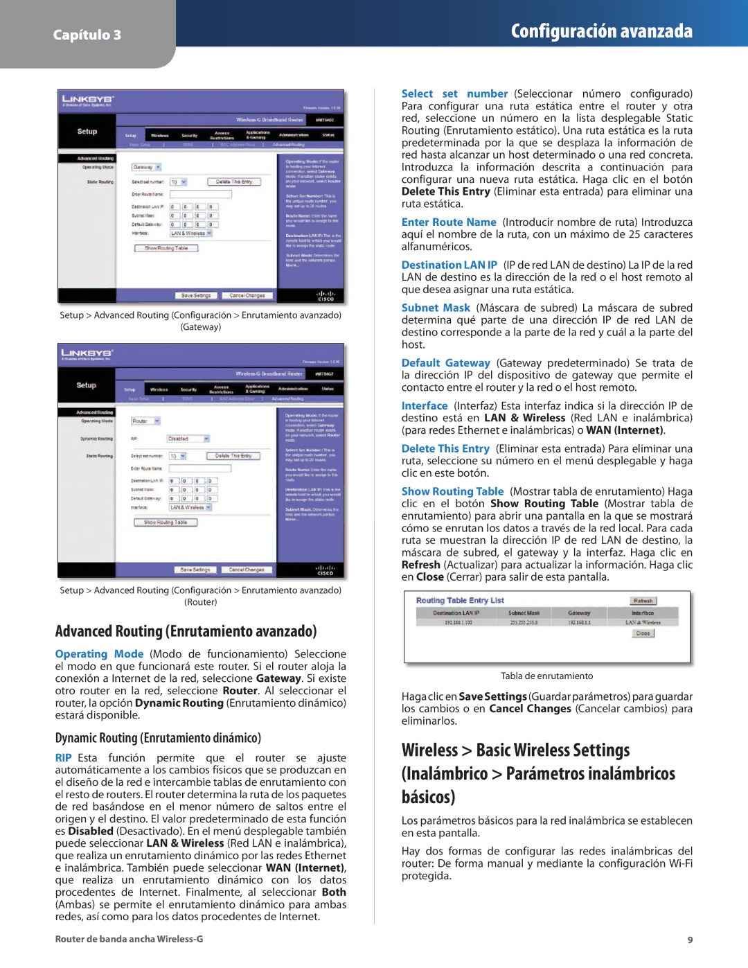 Cisco Systems WRT54G2 manual Advanced Routing Enrutamiento avanzado, Dynamic Routing Enrutamiento dinámico 