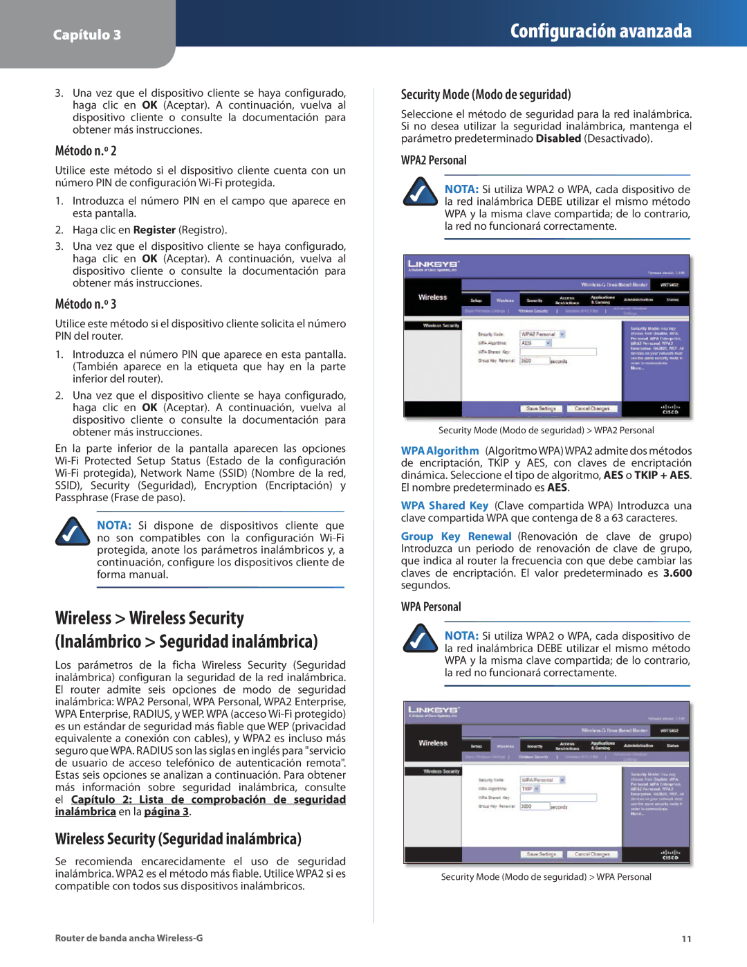 Cisco Systems WRT54G2 manual Wireless Security Seguridad inalámbrica, Security Mode Modo de seguridad 