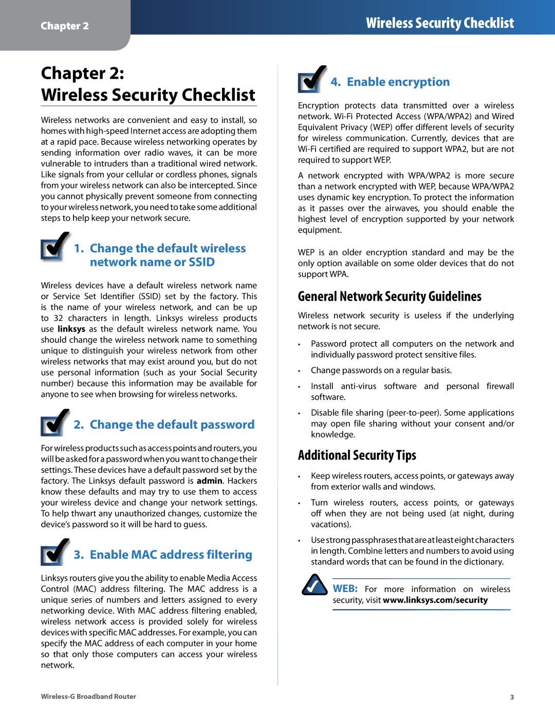 Cisco Systems WRT54G2 Chapter Wireless Security Checklist, General Network Security Guidelines, Additional Security Tips 