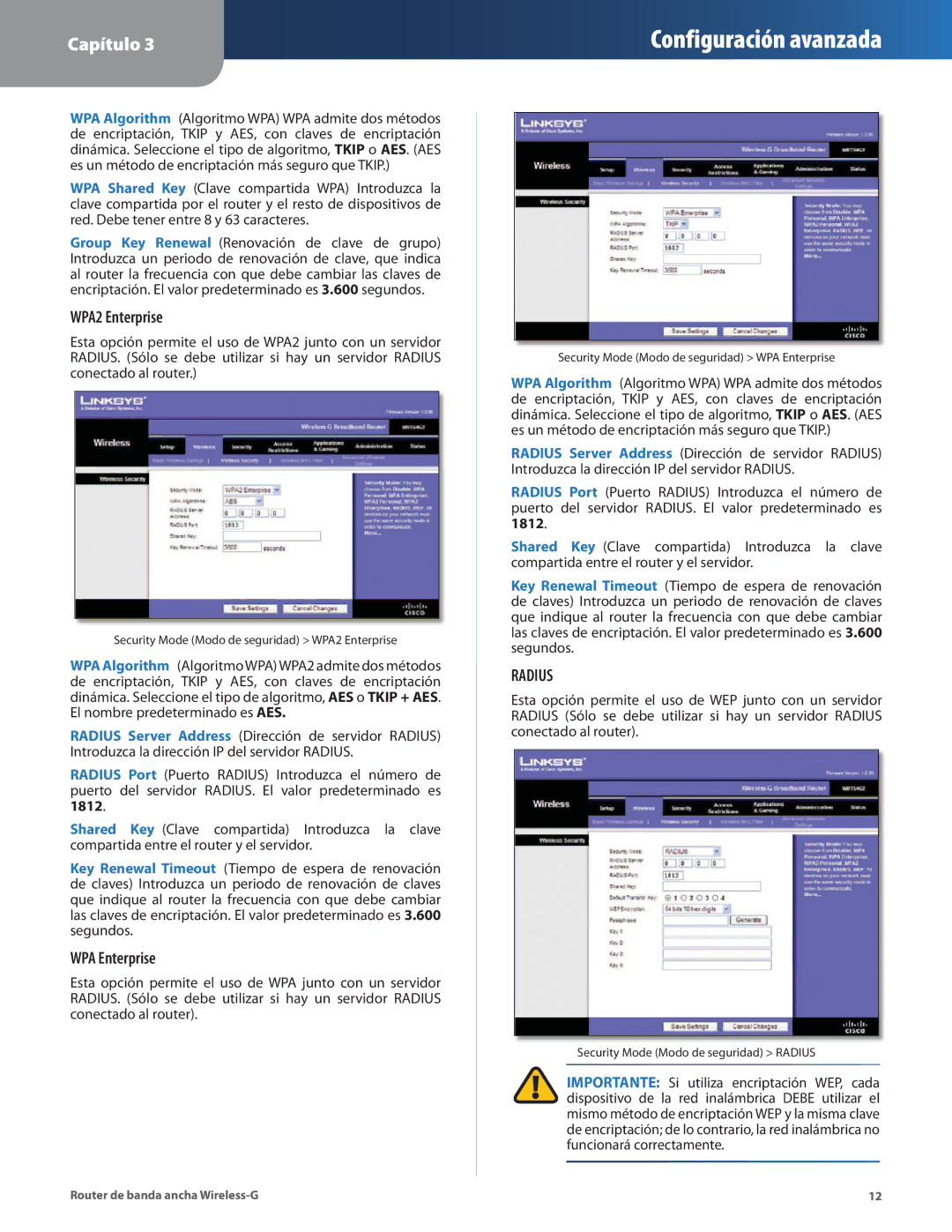 Cisco Systems WRT54G2 manual Security Mode Modo de seguridad WPA2 Enterprise 