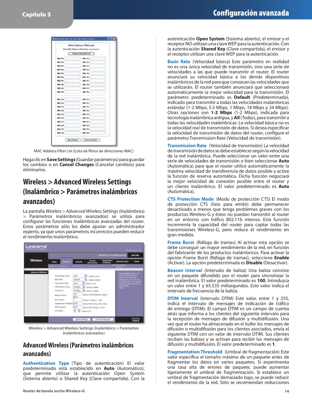 Cisco Systems WRT54G2 manual Advanced Wireless Parámetros inalámbricos avanzados 