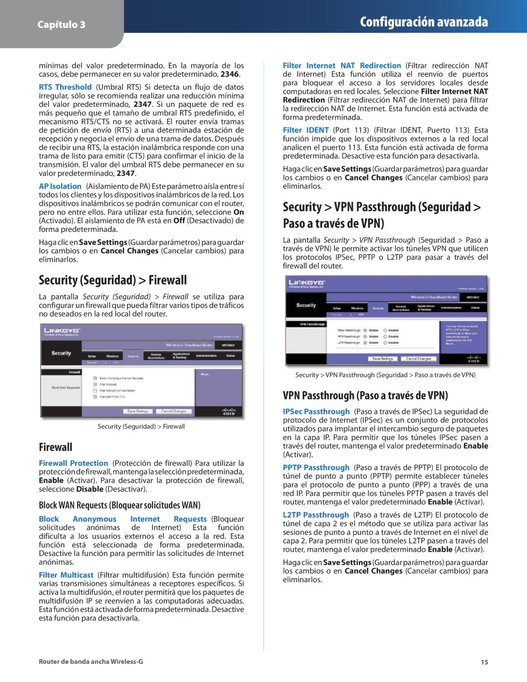 Cisco Systems WRT54G2 manual Security Seguridad Firewall, Security VPN Passthrough Seguridad Paso a través de VPN 