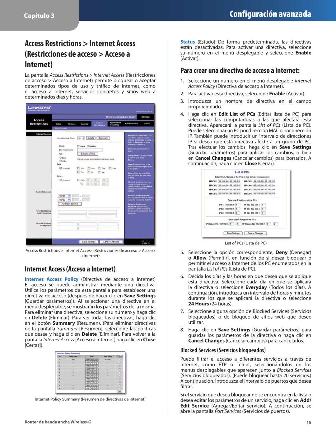 Cisco Systems WRT54G2 manual Internet Access Acceso a Internet, Para crear una directiva de acceso a Internet 