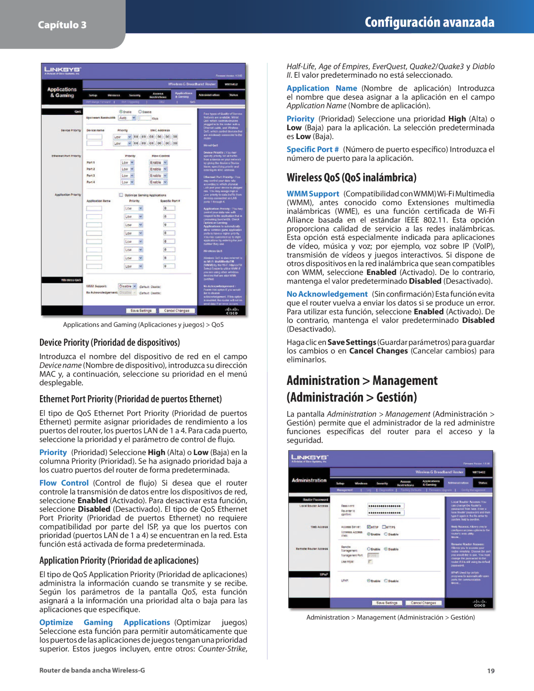 Cisco Systems WRT54G2 manual Wireless QoS QoS inalámbrica, Administration Management Administración Gestión 