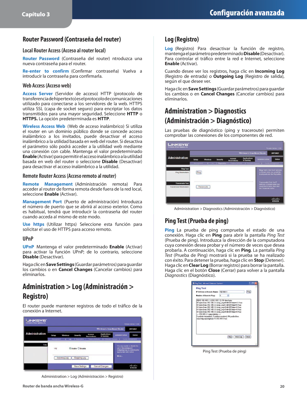 Cisco Systems WRT54G2 manual Administration Log Administración Registro, Log Registro, Ping Test Prueba de ping 