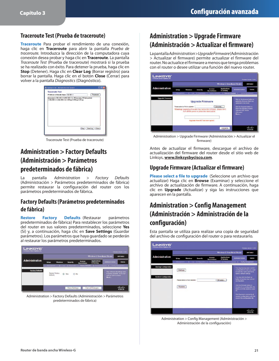 Cisco Systems WRT54G2 manual Traceroute Test Prueba de traceroute, Factory Defaults Parámetros predeterminados de fábrica 