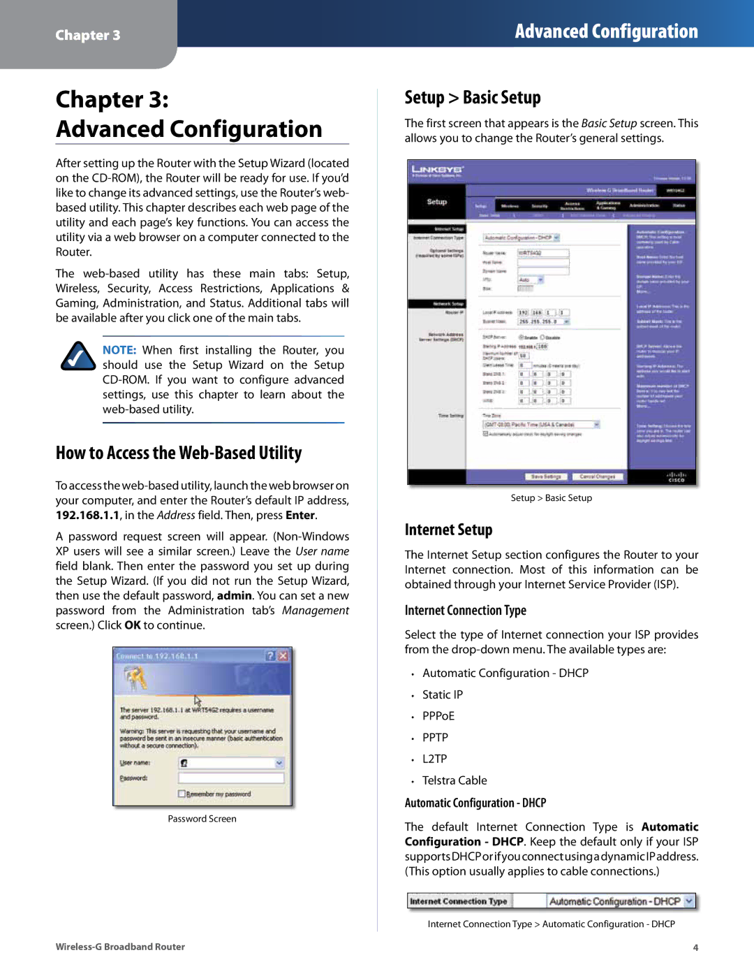 Cisco Systems WRT54G2 manual Chapter Advanced Configuration, How to Access the Web-Based Utility, Setup Basic Setup 