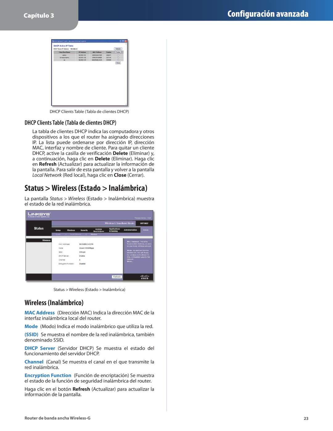 Cisco Systems WRT54G2 Status Wireless Estado Inalámbrica, Wireless Inalámbrico, Dhcp Clients Table Tabla de clientes Dhcp 