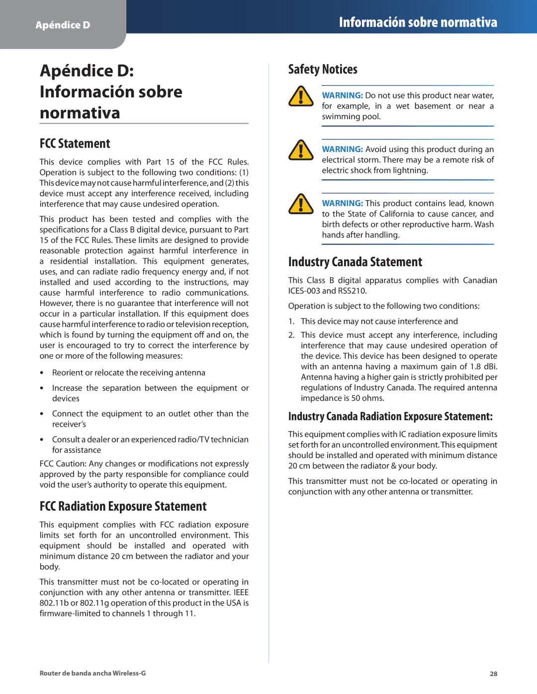 Cisco Systems WRT54G2 manual Apéndice D Información sobre normativa, FCC Radiation Exposure Statement 