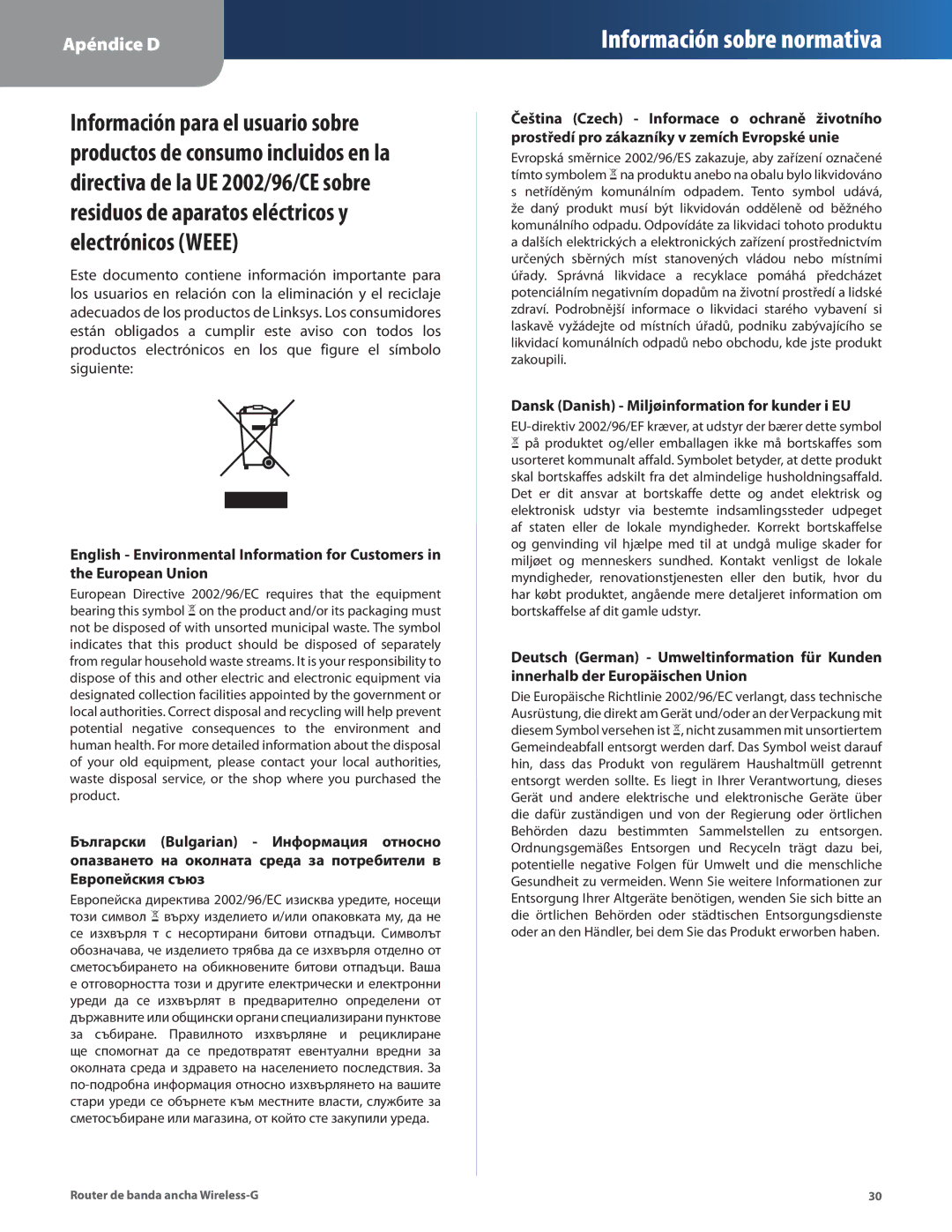 Cisco Systems WRT54G2 manual Dansk Danish Miljøinformation for kunder i EU 