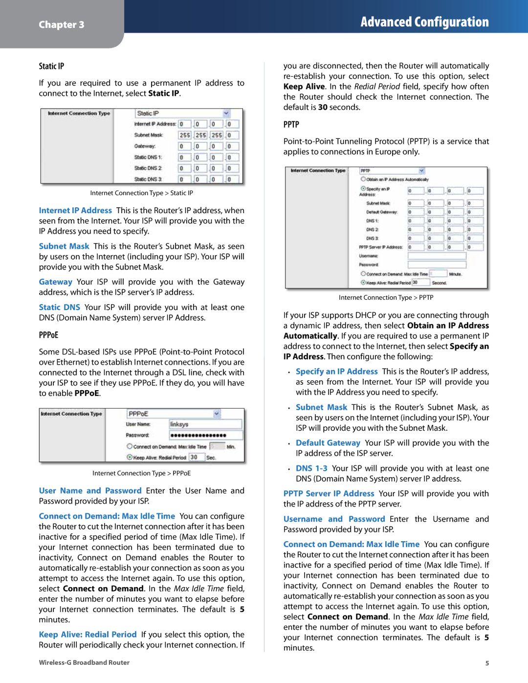 Cisco Systems WRT54G2 manual Static IP, PPPoE 