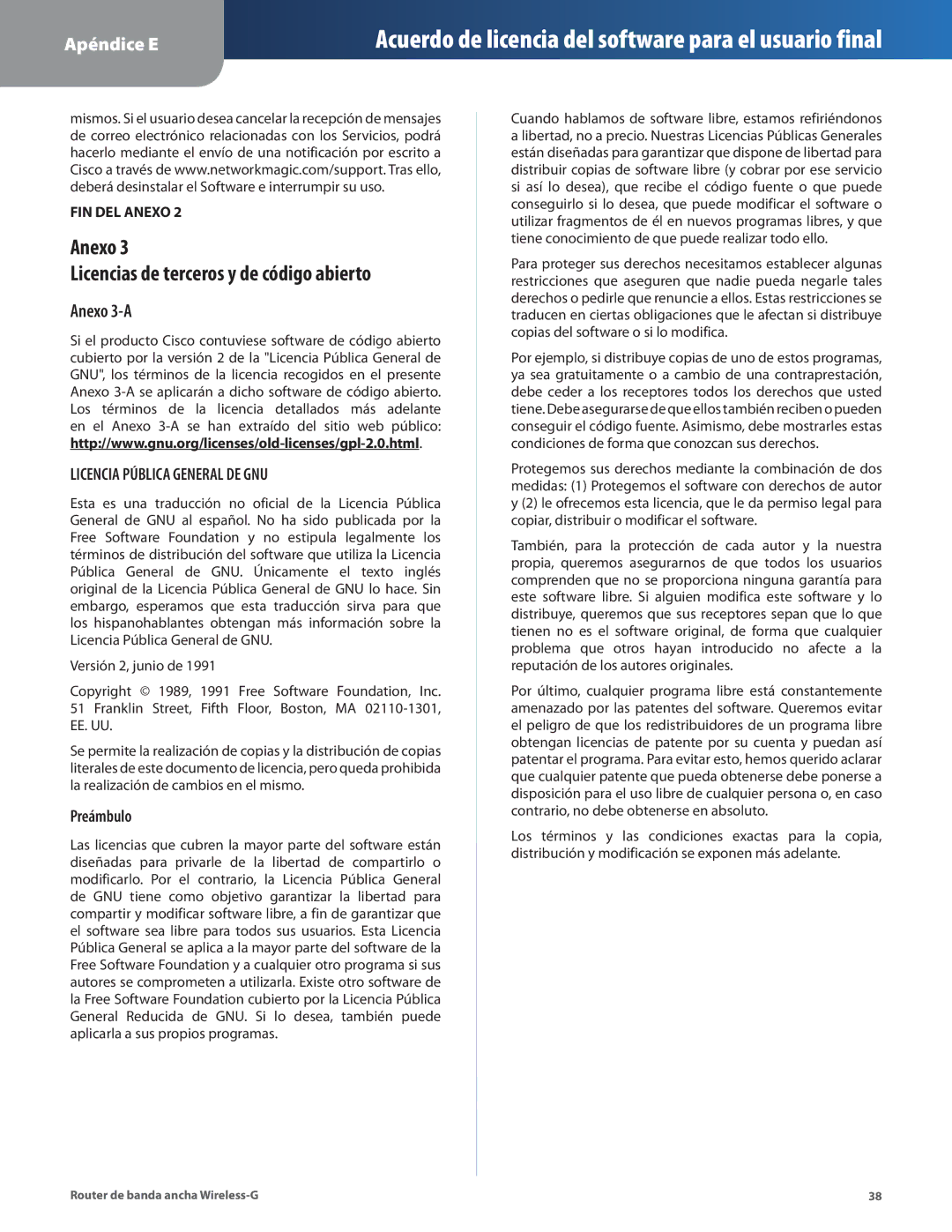 Cisco Systems WRT54G2 manual Licencias de terceros y de código abierto, Anexo 3-A, Preámbulo 