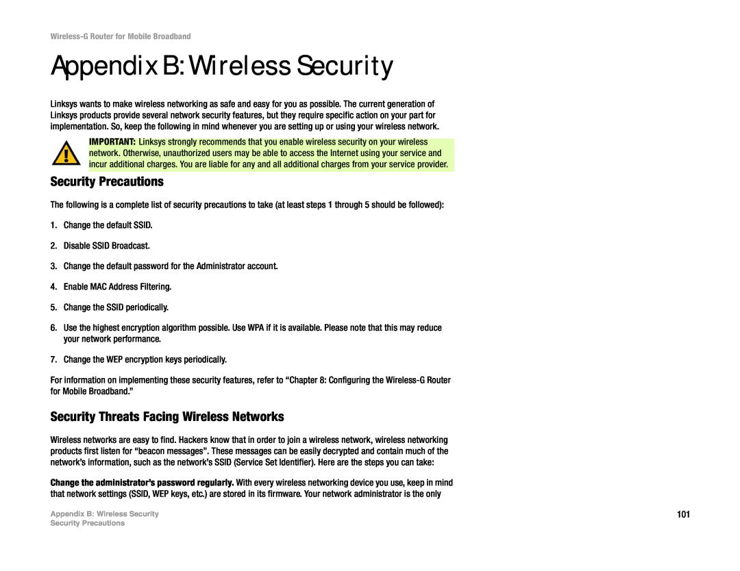 Cisco Systems WRT54G3G-ST Appendix B Wireless Security, Security Precautions, Security Threats Facing Wireless Networks 