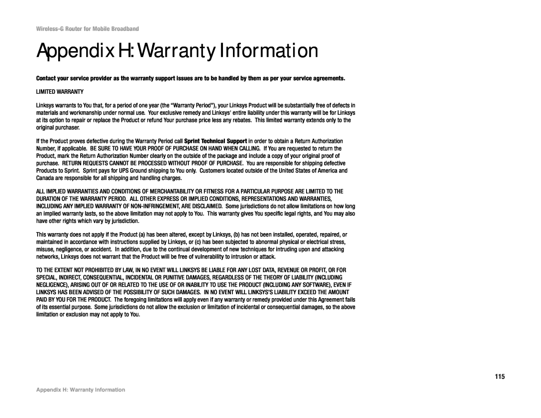 Cisco Systems WRT54G3G-ST manual Appendix H Warranty Information, Wireless-G Router for Mobile Broadband 
