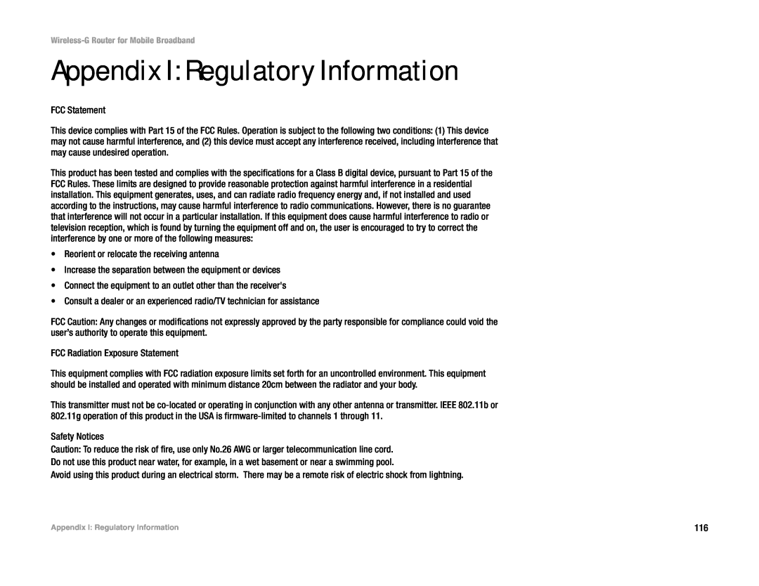 Cisco Systems WRT54G3G-ST manual Appendix I Regulatory Information 