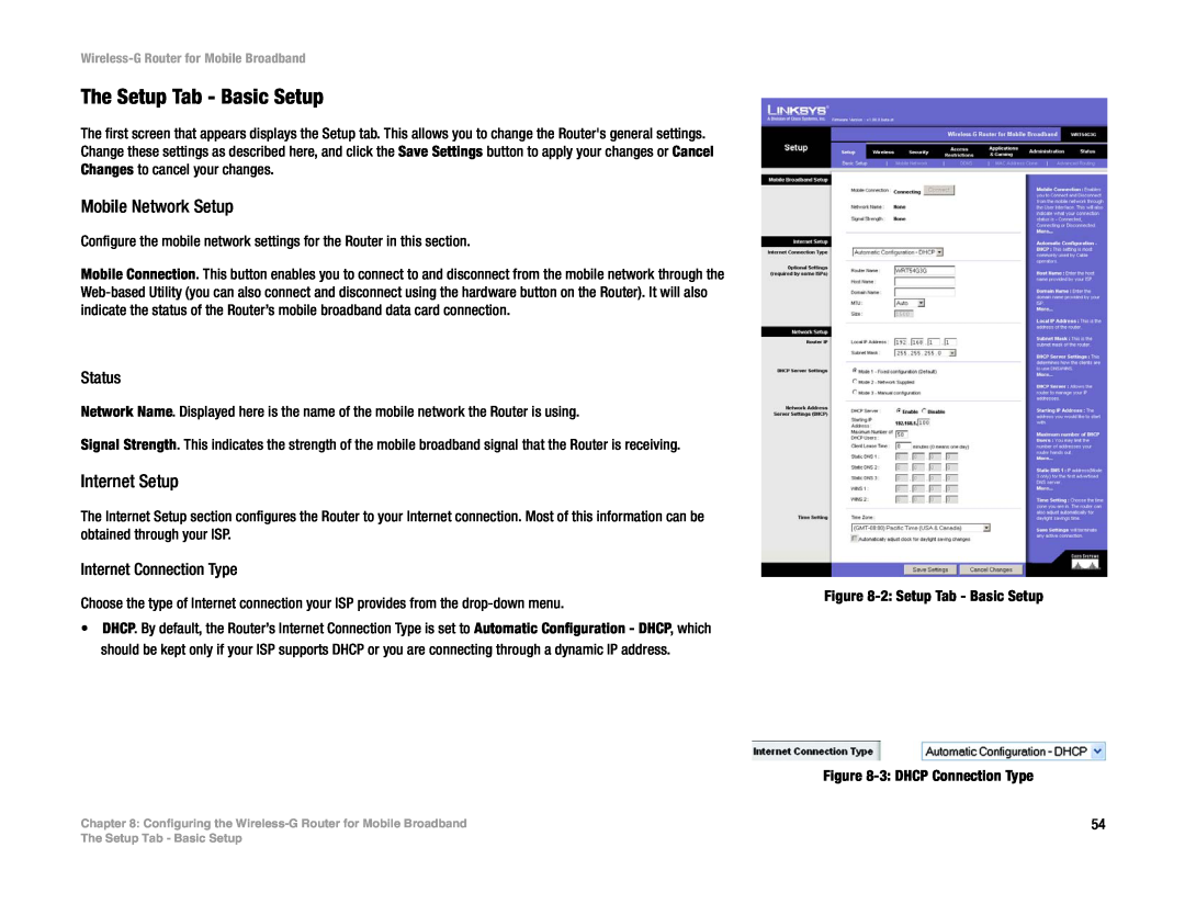 Cisco Systems WRT54G3G-ST manual The Setup Tab - Basic Setup, Mobile Network Setup, Internet Setup, Status 