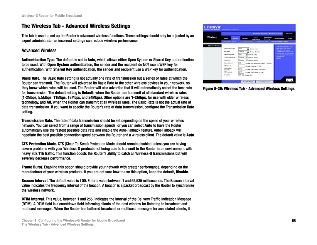 Cisco Systems WRT54G3G-ST manual The Wireless Tab - Advanced Wireless Settings 