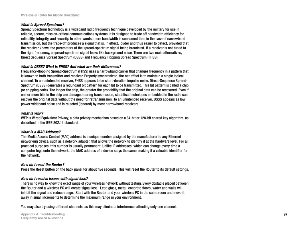 Cisco Systems WRT54G3G-ST manual What is Spread Spectrum?, What is DSSS? What is FHSS? And what are their differences? 