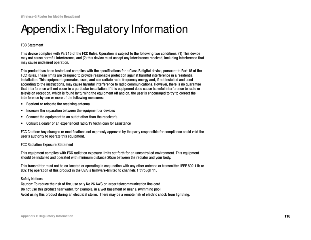 Cisco Systems WRT54G3G-ST manual Appendix I Regulatory Information, 116 