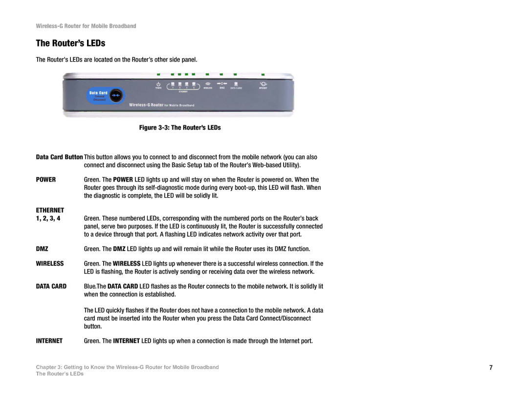 Cisco Systems WRT54G3G-ST manual Router’s LEDs are located on the Router’s other side panel 