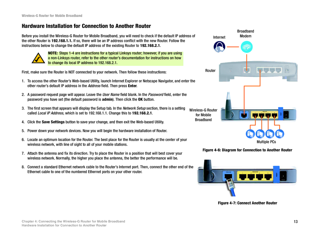 Cisco Systems WRT54G3G-ST Hardware Installation for Connection to Another Router, Diagram for Connection to Another Router 