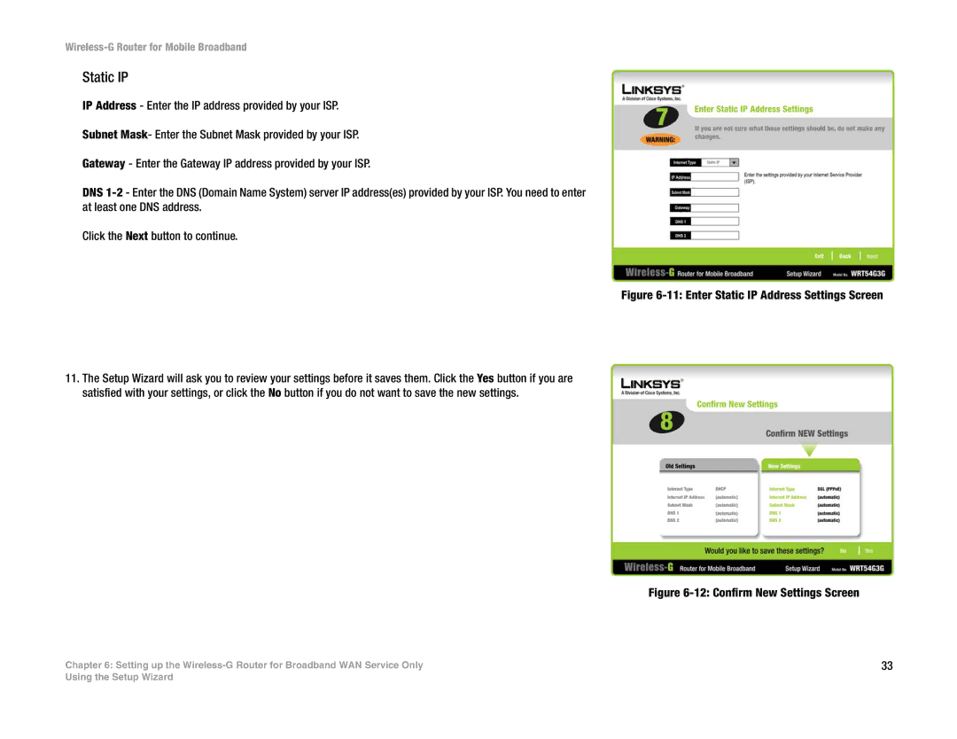 Cisco Systems WRT54G3G-ST manual Enter Static IP Address Settings Screen 