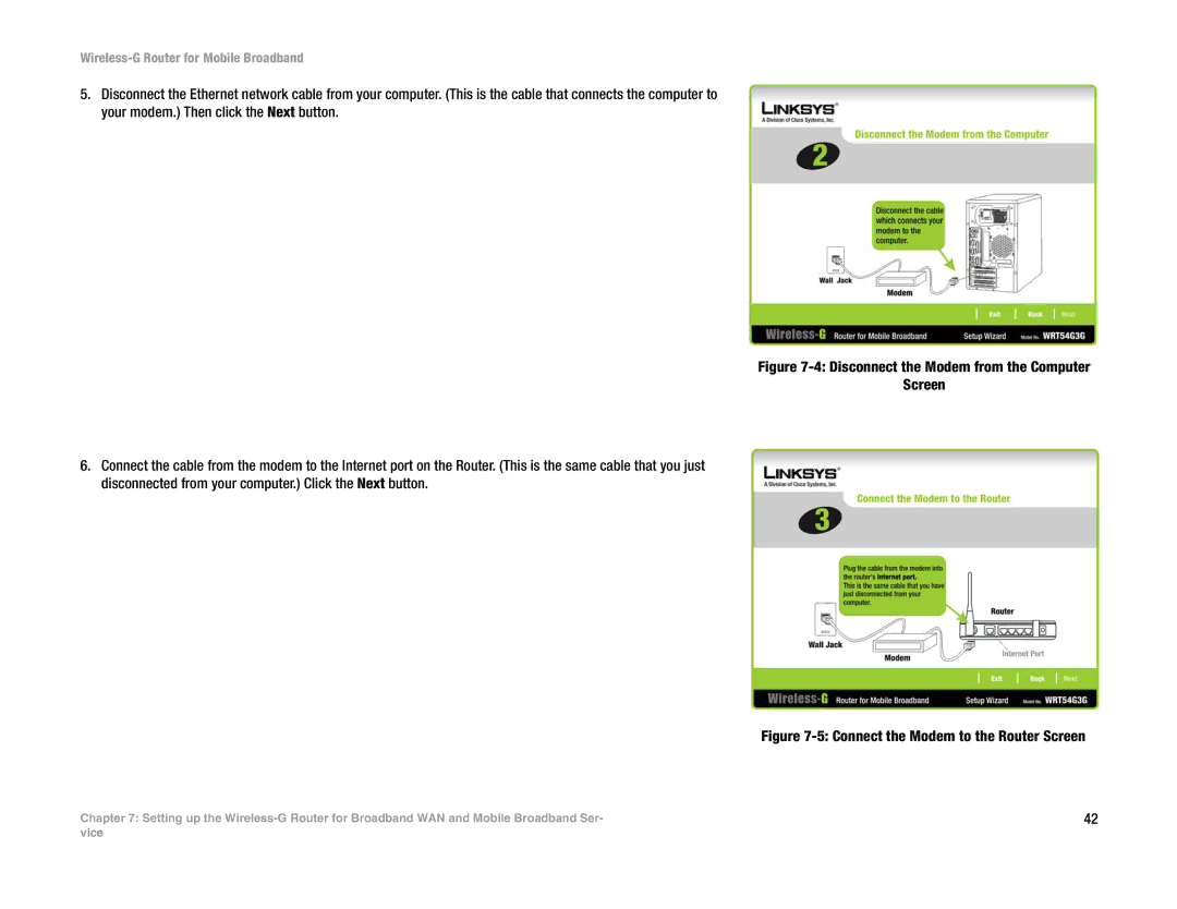 Cisco Systems WRT54G3G-ST manual Connect the Modem to the Router Screen 