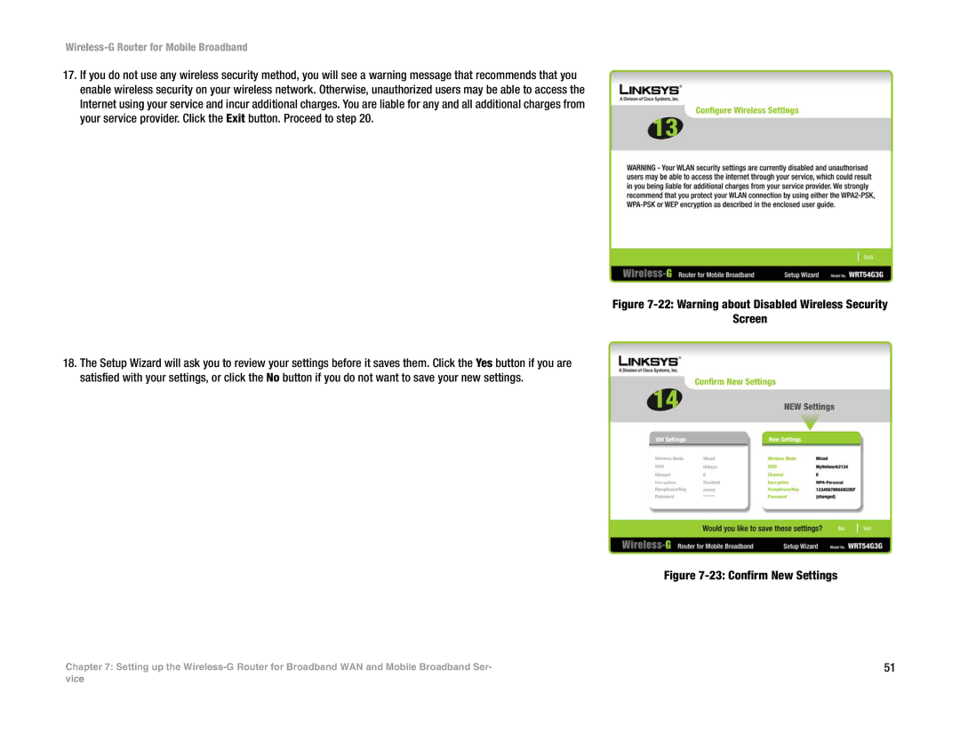 Cisco Systems WRT54G3G-ST manual Warning about Disabled Wireless Security Screen 