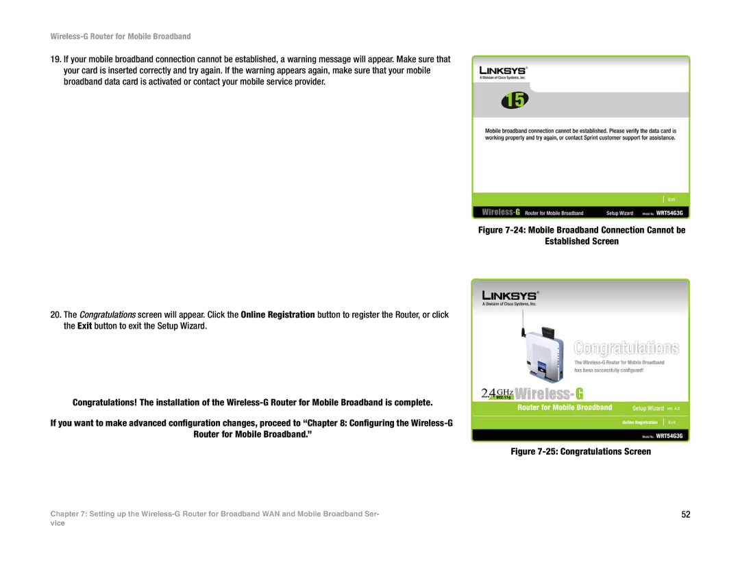 Cisco Systems WRT54G3G-ST manual Mobile Broadband Connection Cannot be Established Screen 