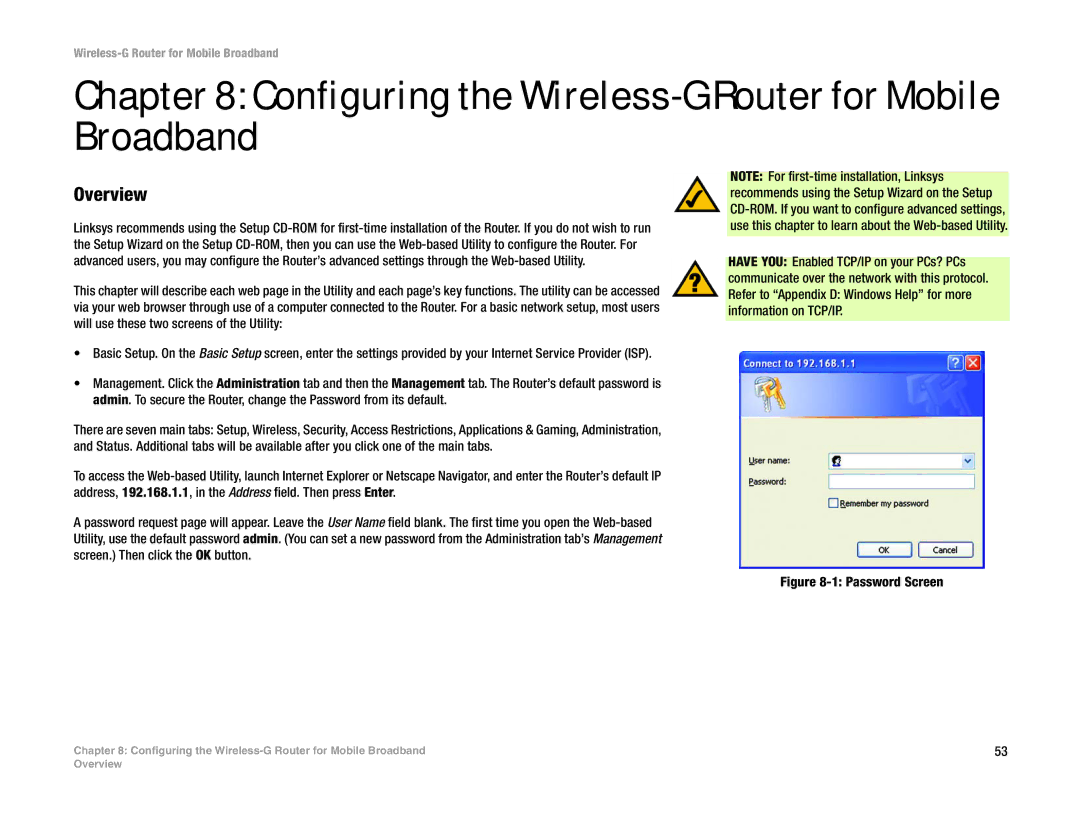 Cisco Systems WRT54G3G-ST manual Configuring the Wireless-G Router for Mobile Broadband, Password Screen 