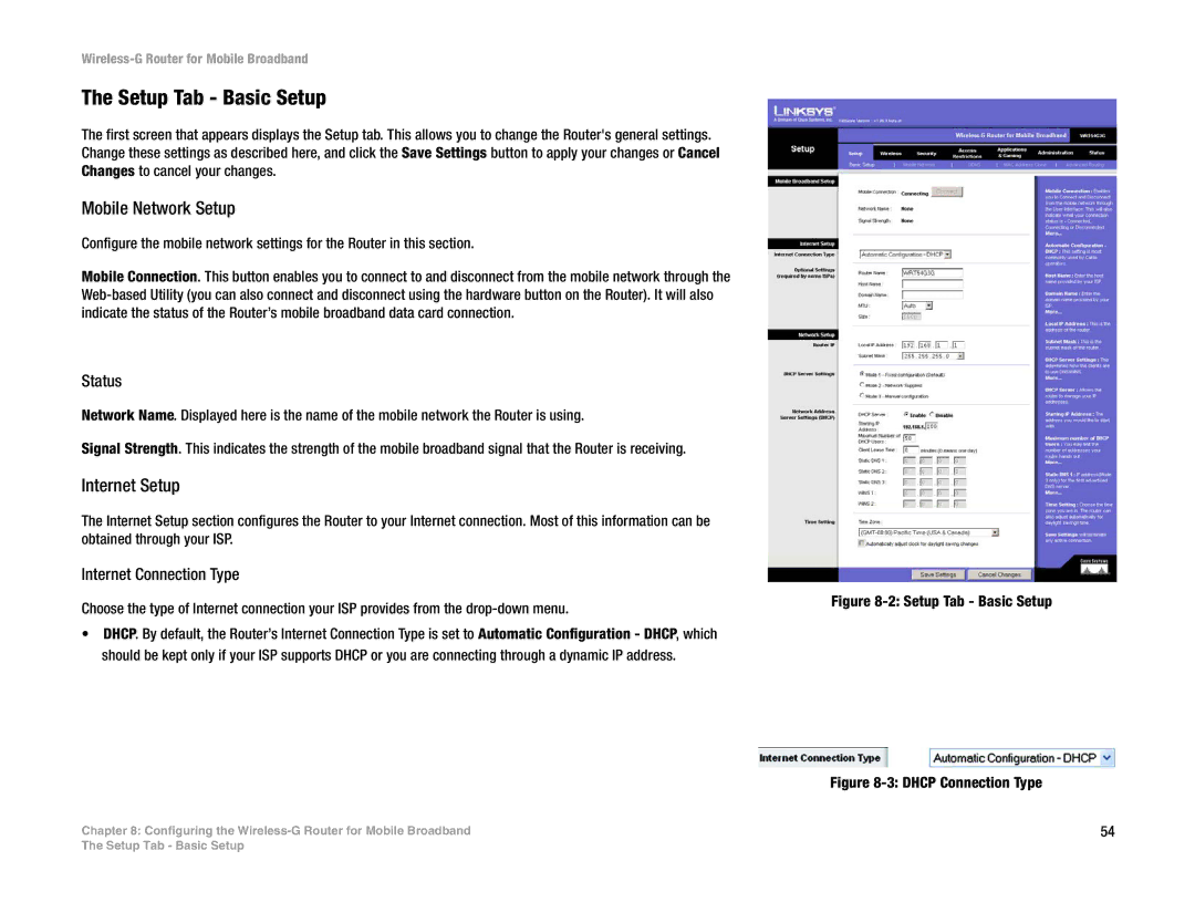 Cisco Systems WRT54G3G-ST manual Setup Tab Basic Setup, Mobile Network Setup, Internet Setup 