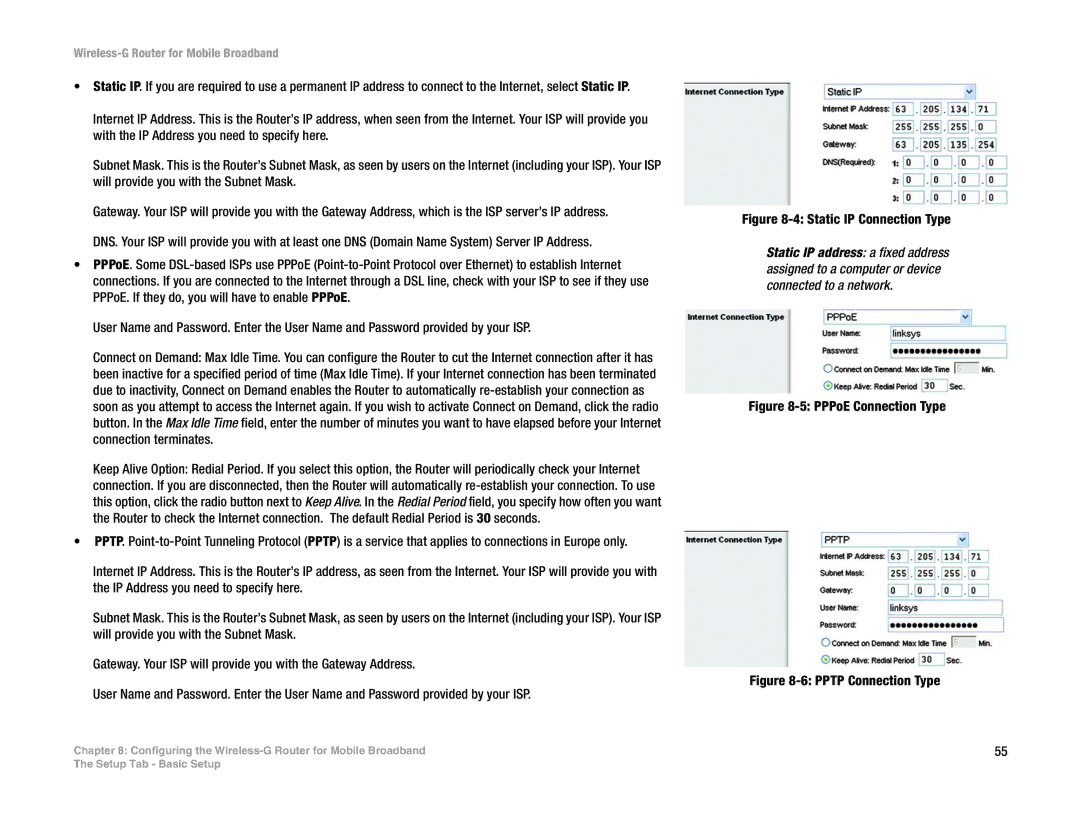 Cisco Systems WRT54G3G-ST manual Static IP Connection Type 