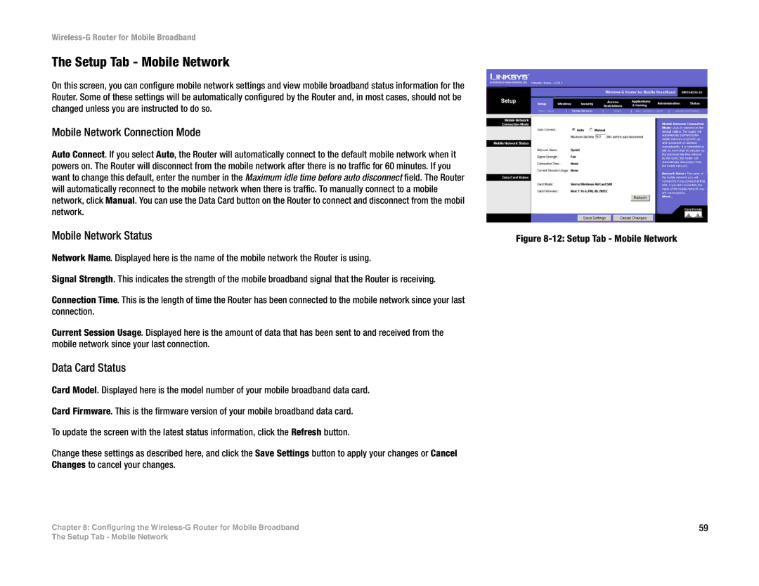 Cisco Systems WRT54G3G-ST manual Setup Tab Mobile Network, Mobile Network Connection Mode, Mobile Network Status 