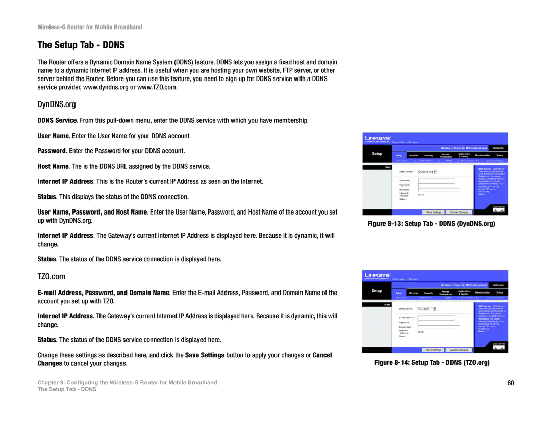 Cisco Systems WRT54G3G-ST manual Setup Tab Ddns, DynDNS.org, TZO.com 