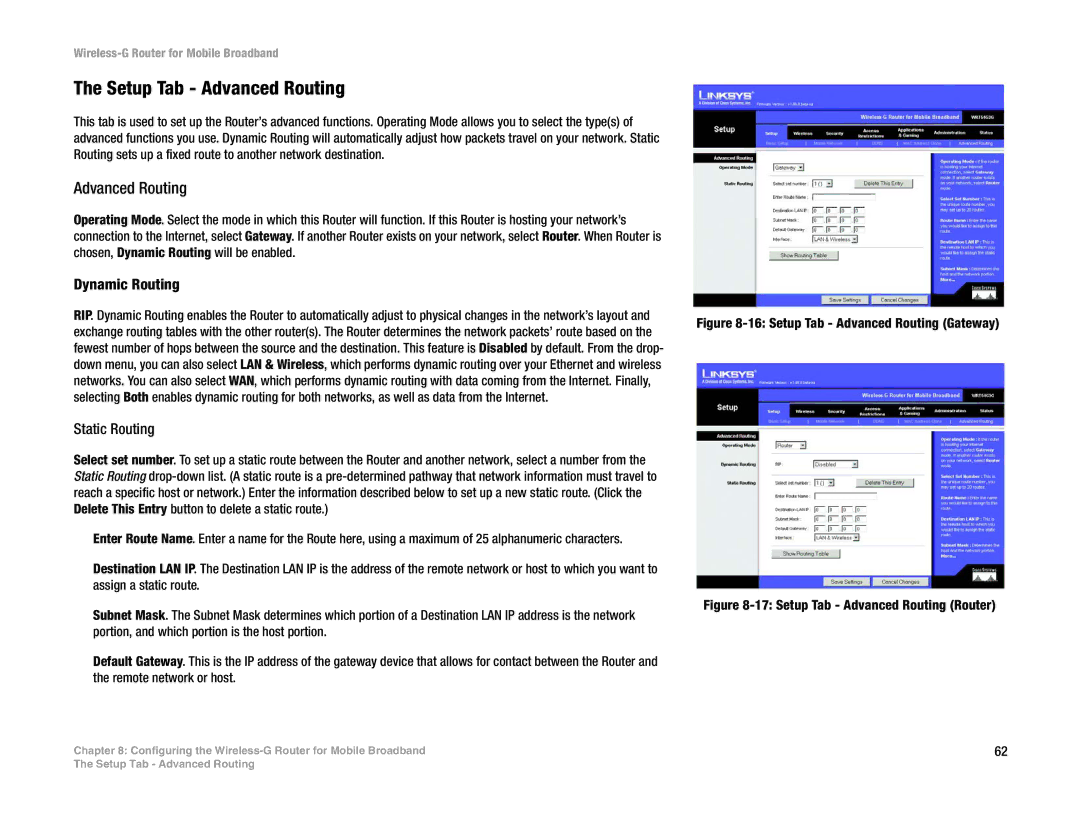 Cisco Systems WRT54G3G-ST manual Setup Tab Advanced Routing 