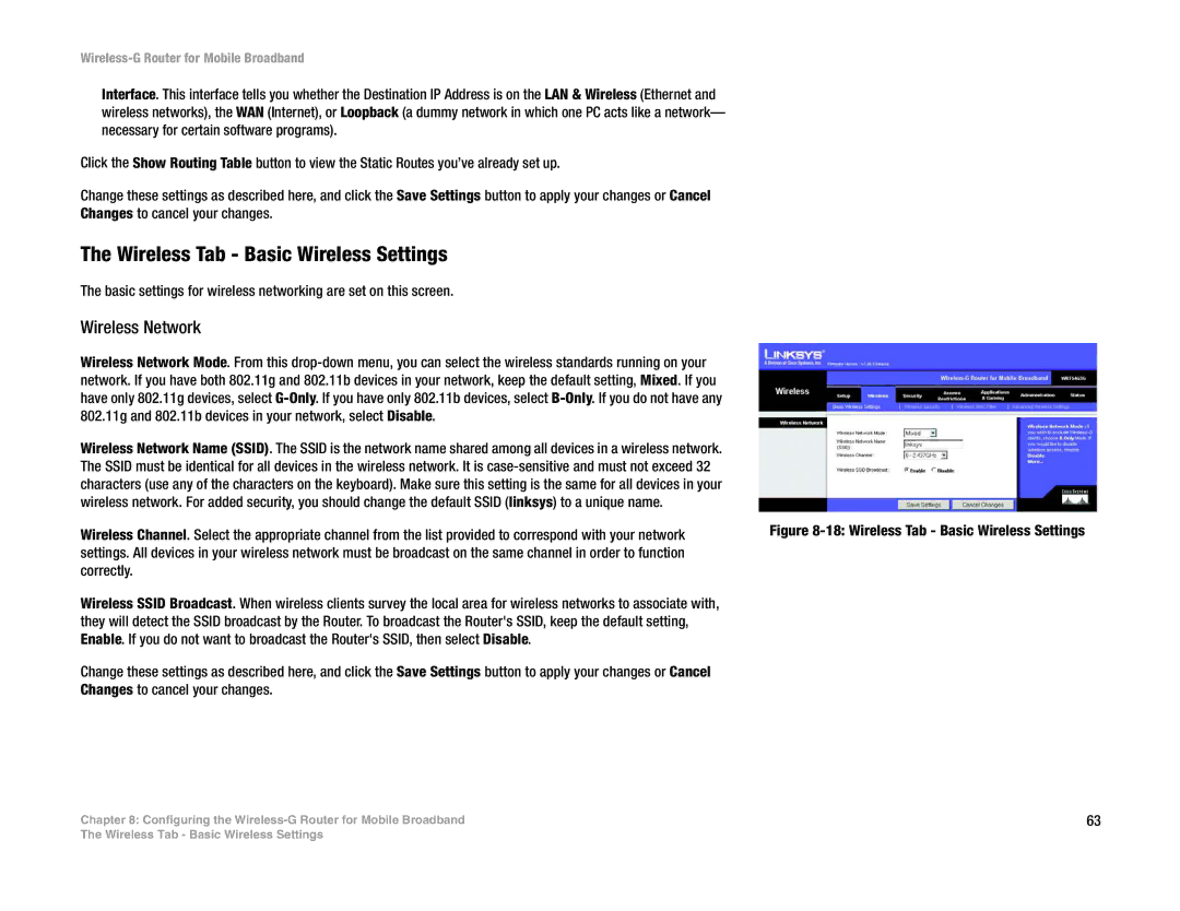 Cisco Systems WRT54G3G-ST manual Wireless Tab Basic Wireless Settings, Wireless Network 