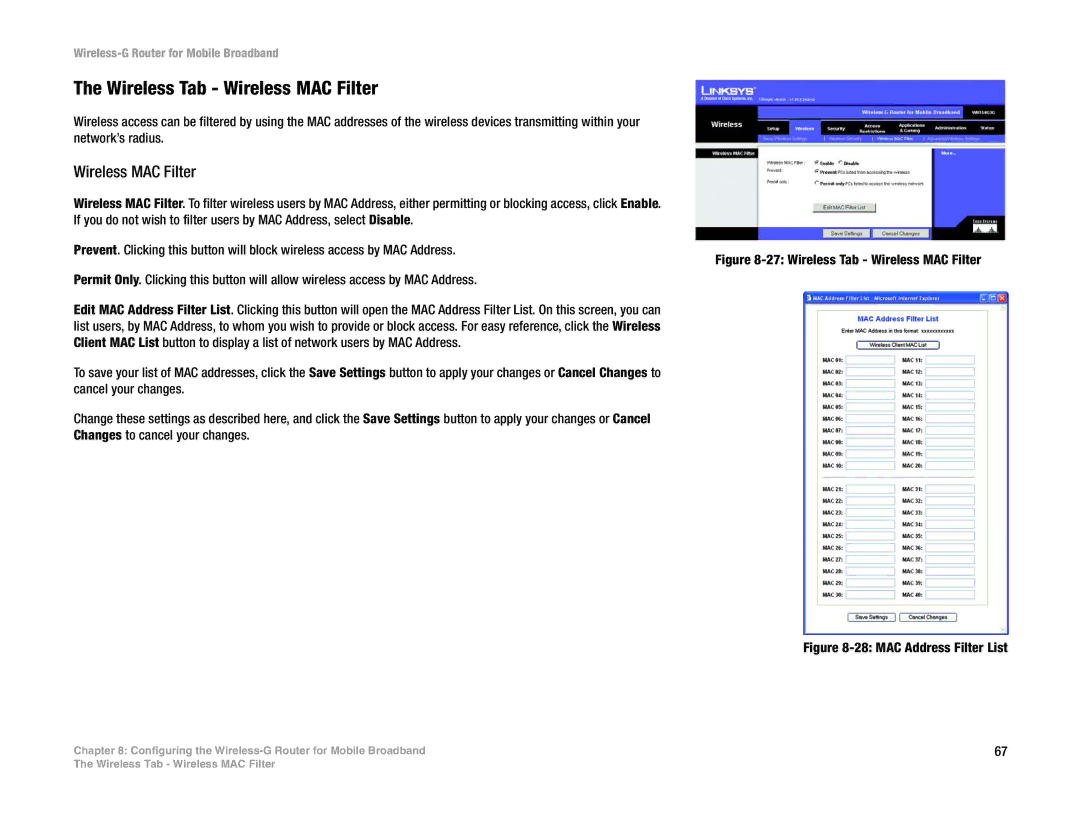 Cisco Systems WRT54G3G-ST manual Wireless Tab Wireless MAC Filter 