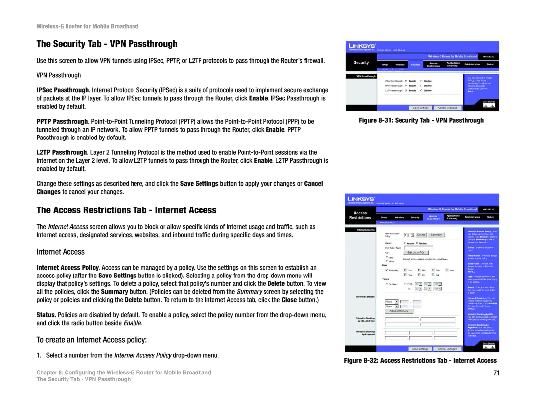 Cisco Systems WRT54G3G-ST manual Security Tab VPN Passthrough, Access Restrictions Tab Internet Access 