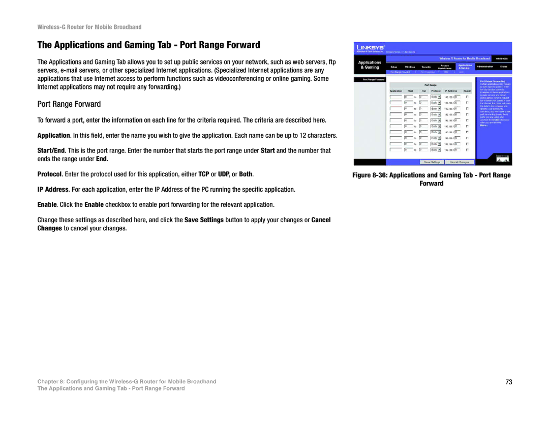 Cisco Systems WRT54G3G-ST manual Applications and Gaming Tab Port Range Forward 