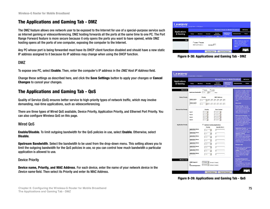 Cisco Systems WRT54G3G-ST manual Applications and Gaming Tab DMZ, Applications and Gaming Tab QoS, Wired QoS 