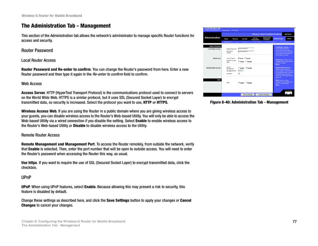 Cisco Systems WRT54G3G-ST manual Administration Tab Management, Router Password, UPnP 