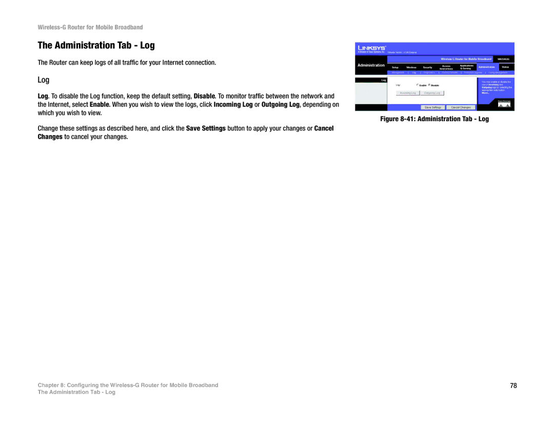 Cisco Systems WRT54G3G-ST manual Administration Tab Log 