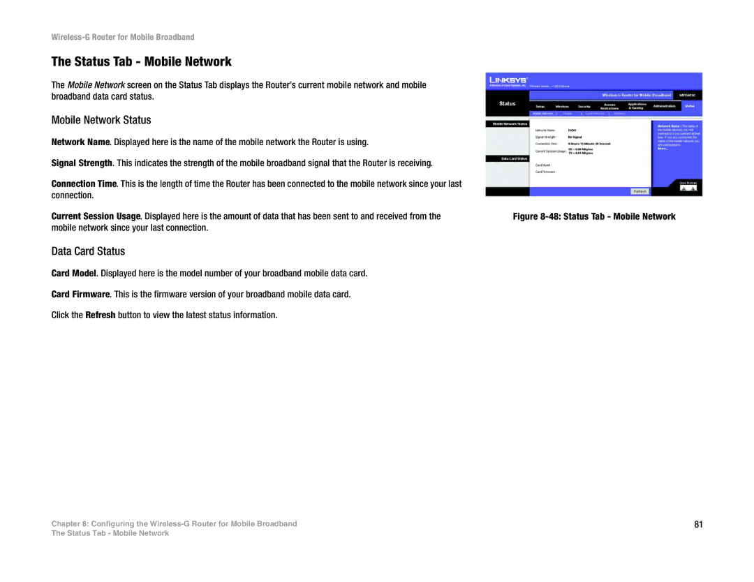 Cisco Systems WRT54G3G-ST manual Status Tab Mobile Network 