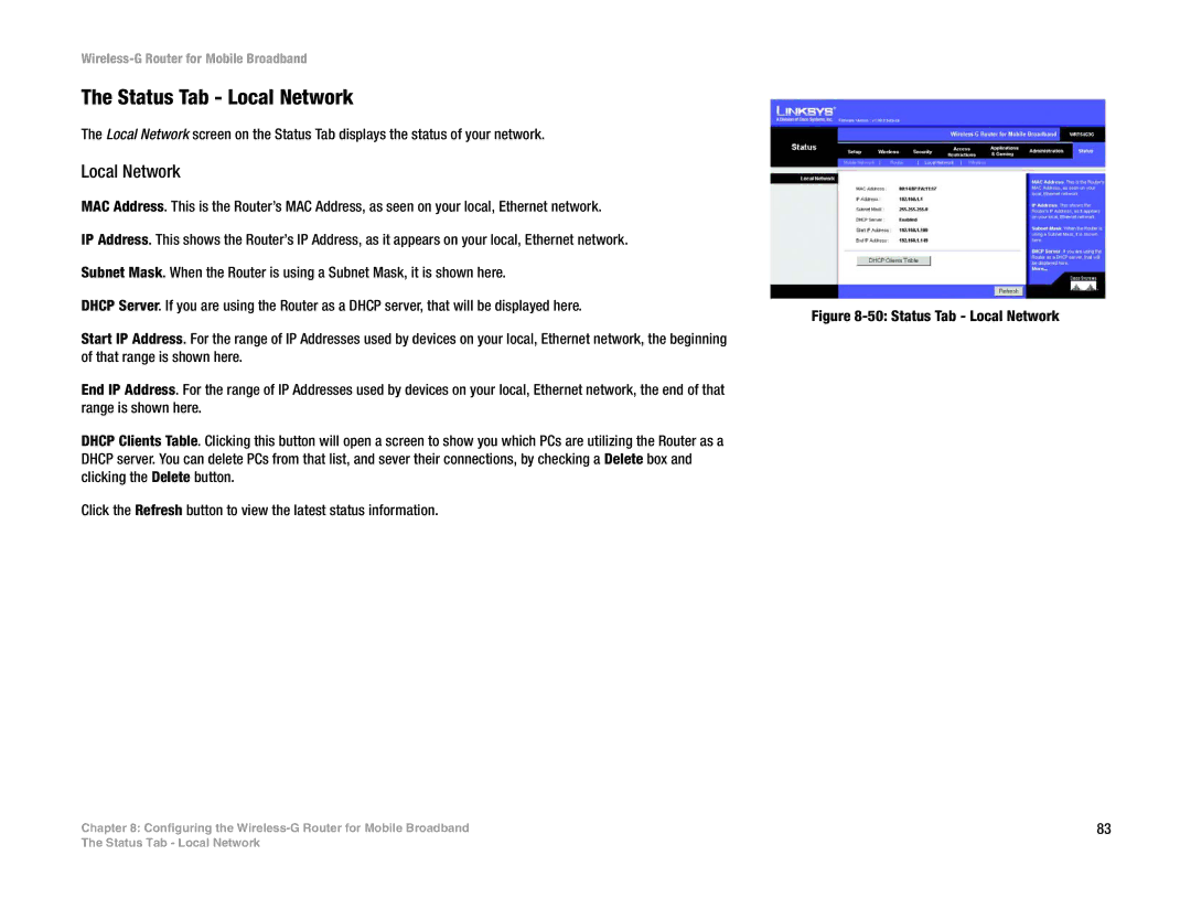 Cisco Systems WRT54G3G-ST manual Status Tab Local Network 