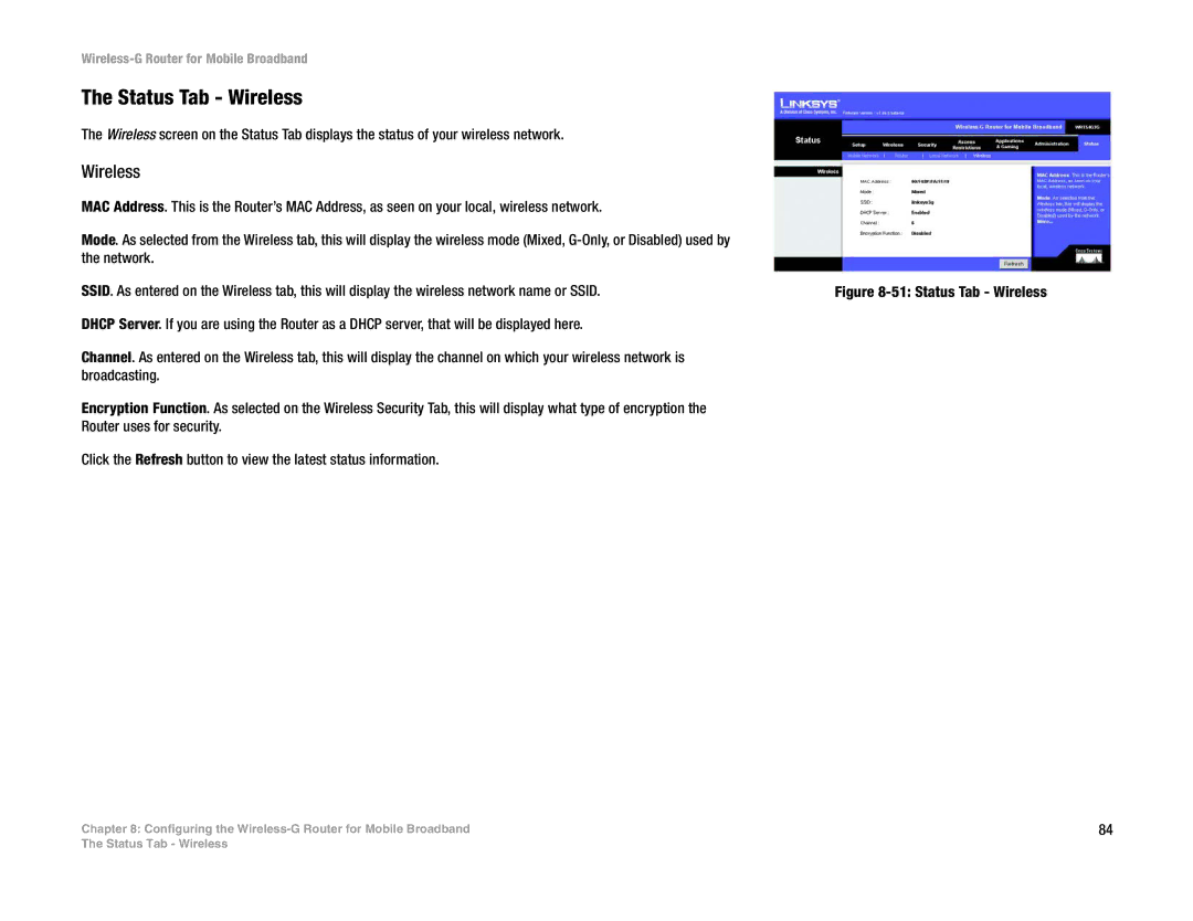 Cisco Systems WRT54G3G-ST manual Status Tab Wireless 