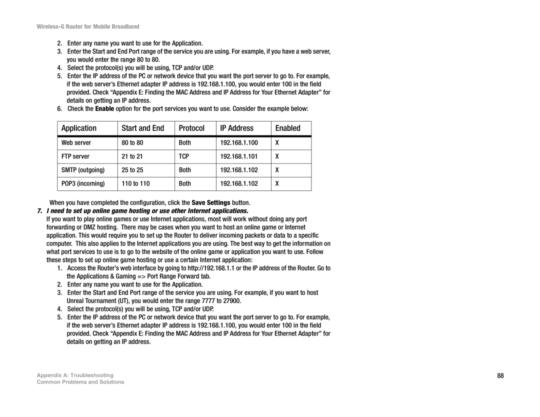 Cisco Systems WRT54G3G-ST manual Application Start and End Protocol IP Address Enabled, Tcp 